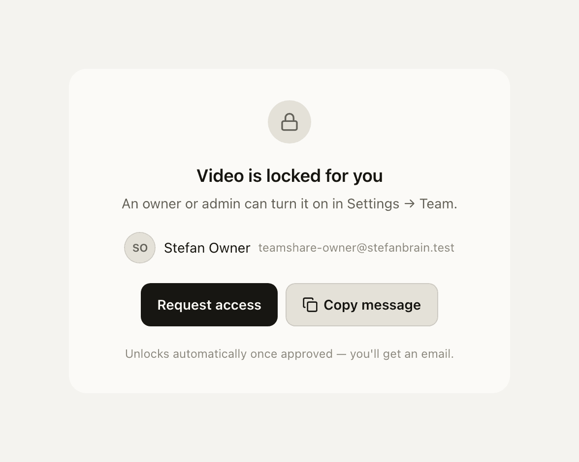 The locked surface panel in StefanBrain showing who can grant access, a Request access button, and a Copy message button