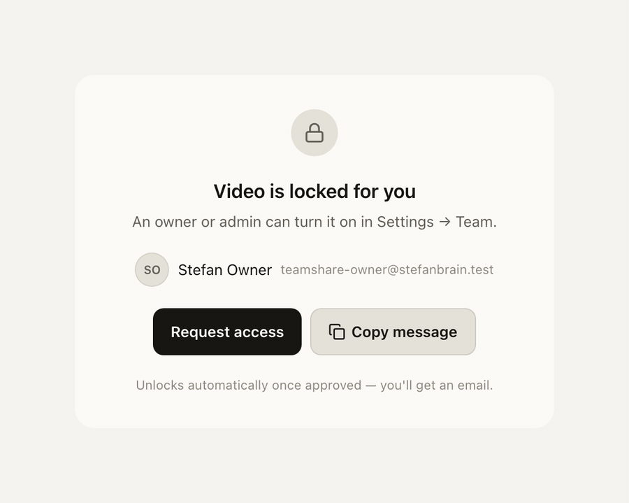 Animation of a member clicking Request access on a locked Video surface and the button changing to a Requested pill