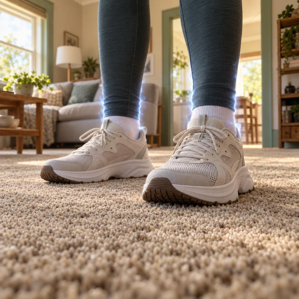 A person standing on rubber soles with electrical charge trapped around them