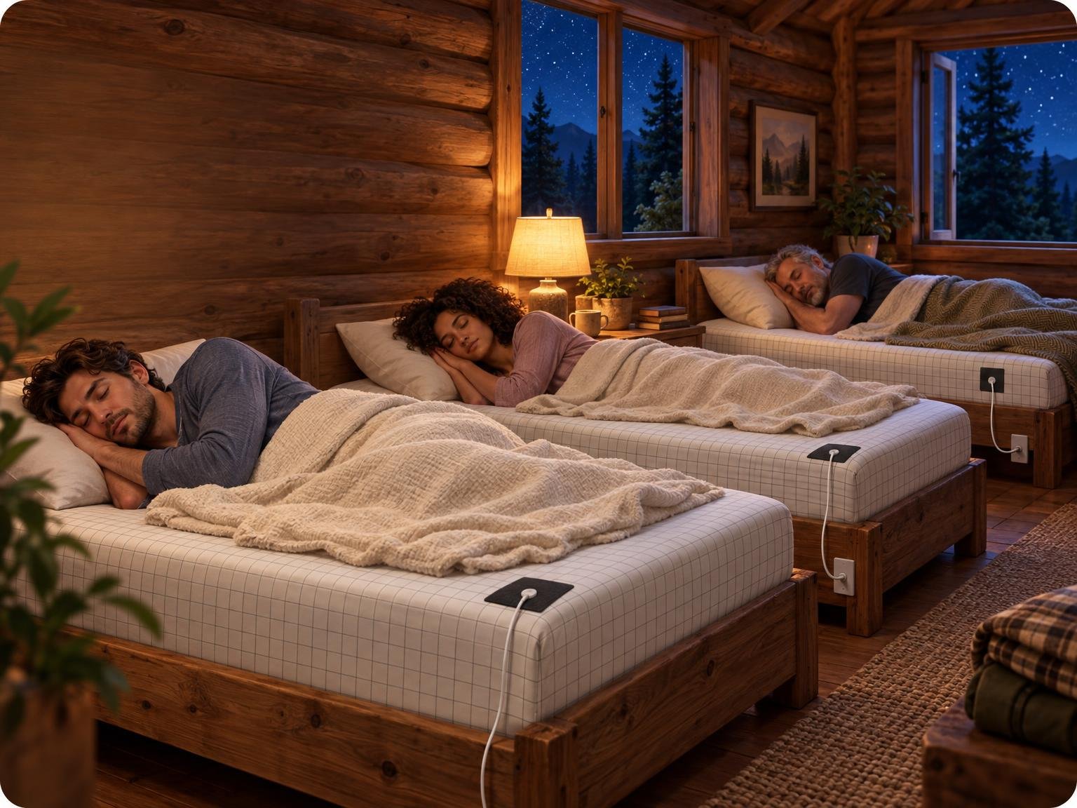 Three sleepers peacefully asleep in beds in a log cabin at night
