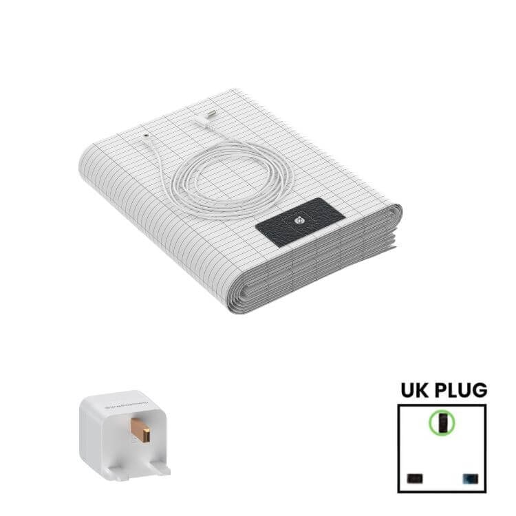 A folded GroundingWell bedsheet with its cord and a UK plug adapter