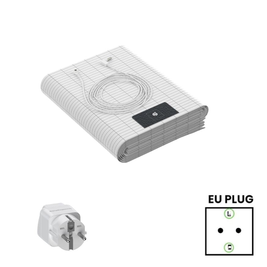 A folded GroundingWell bedsheet with its cord and an EU plug adapter