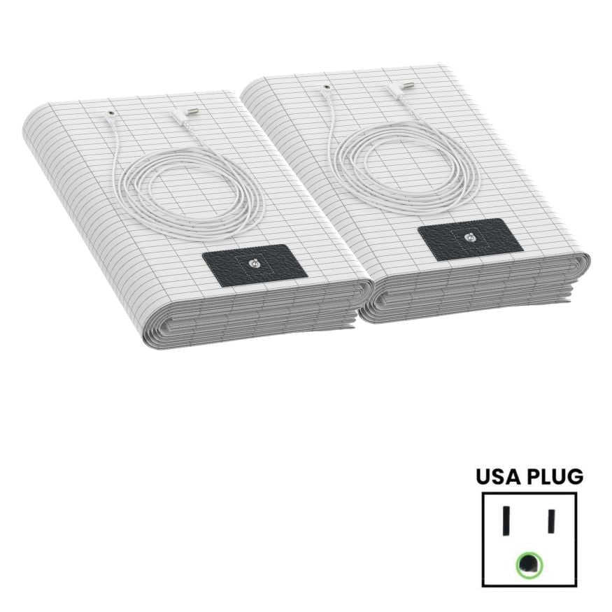 Two folded GroundingWell bedsheets with their cords and the USA plug diagram