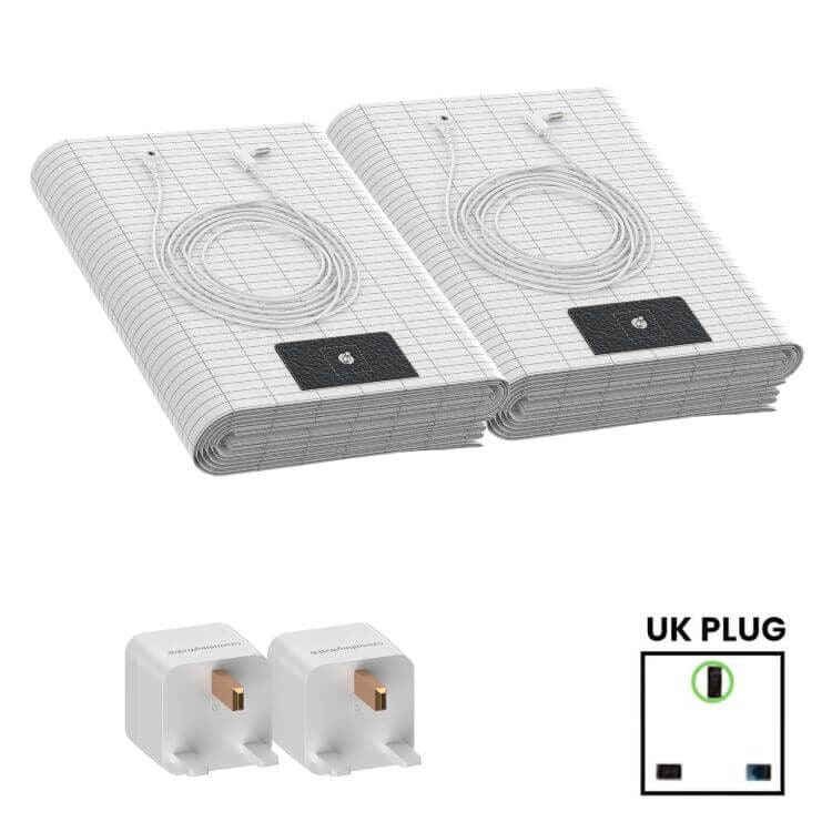 Two folded GroundingWell bedsheets with their cords and UK plug adapters
