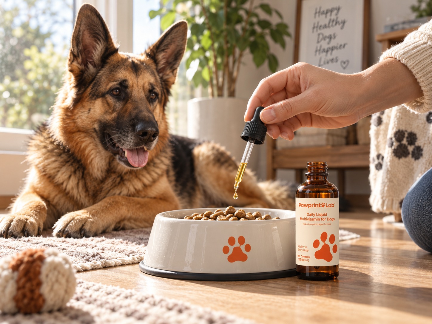 Applying liquid drops directly into a dog's food bowl