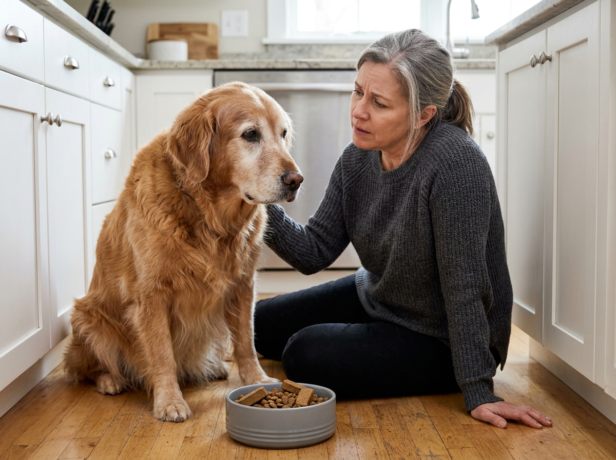 Senior dog looking at food bowl