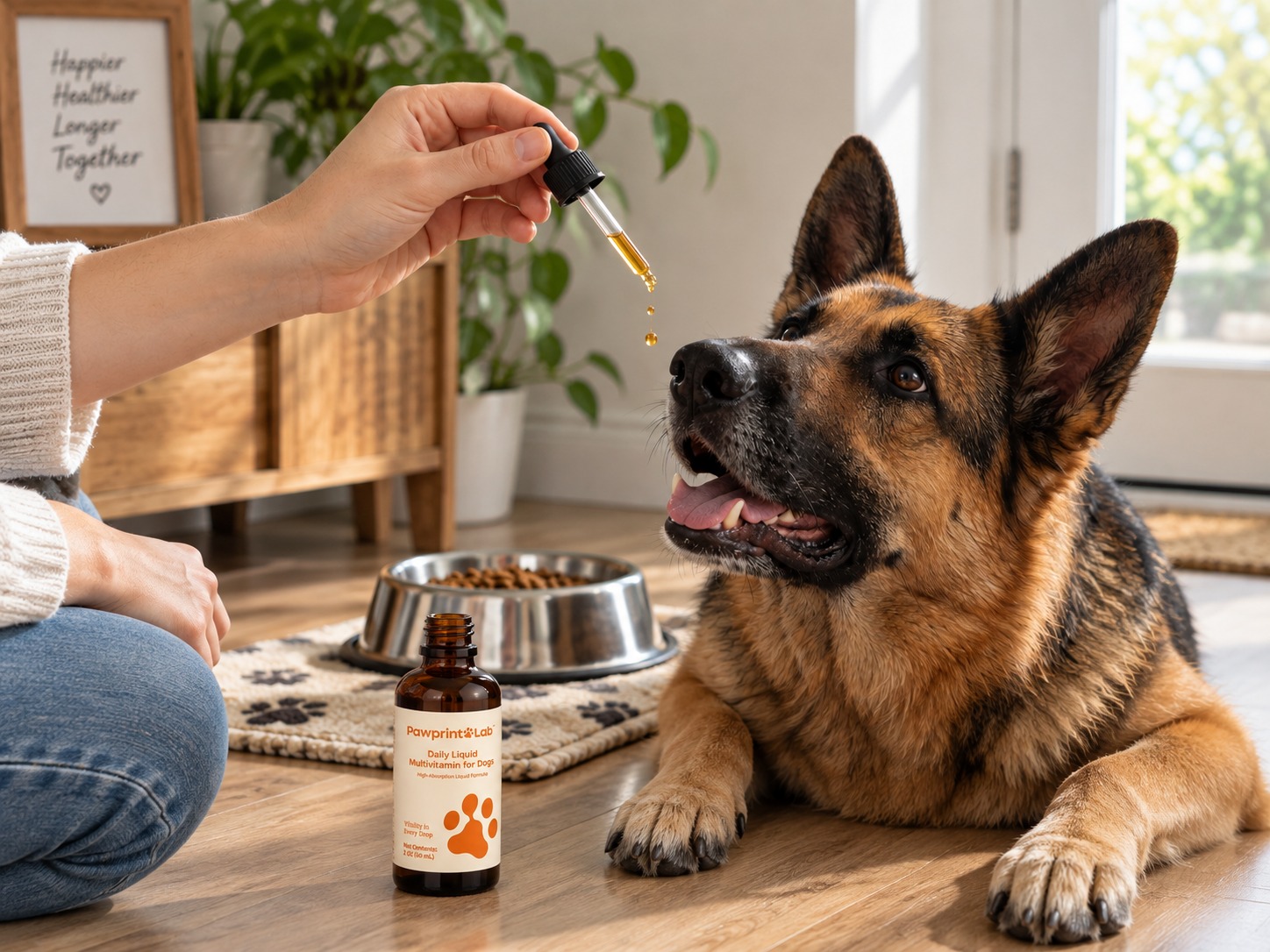Applying Pawprint Wellness Protocol liquid drops to dog food