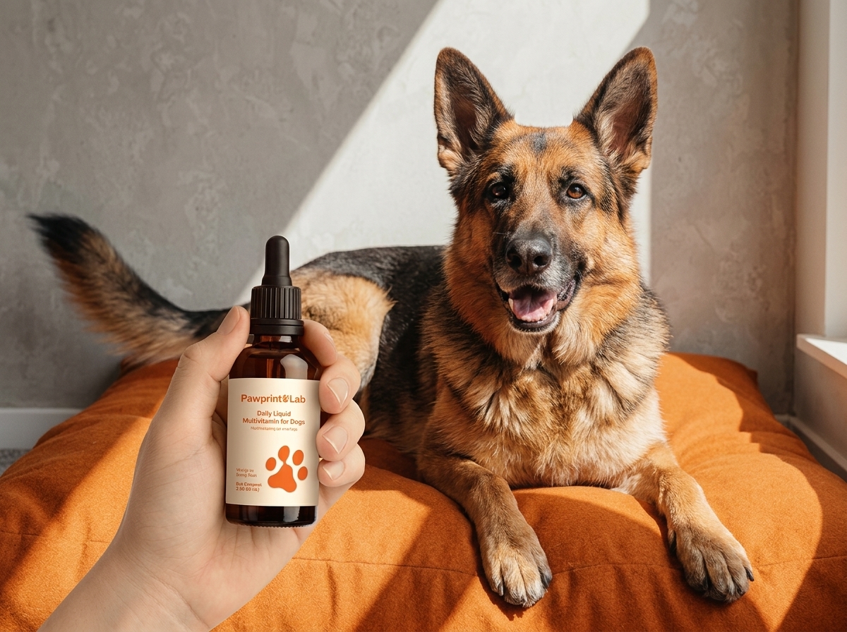 Pawprint Wellness Protocol bottle next to a resting dog