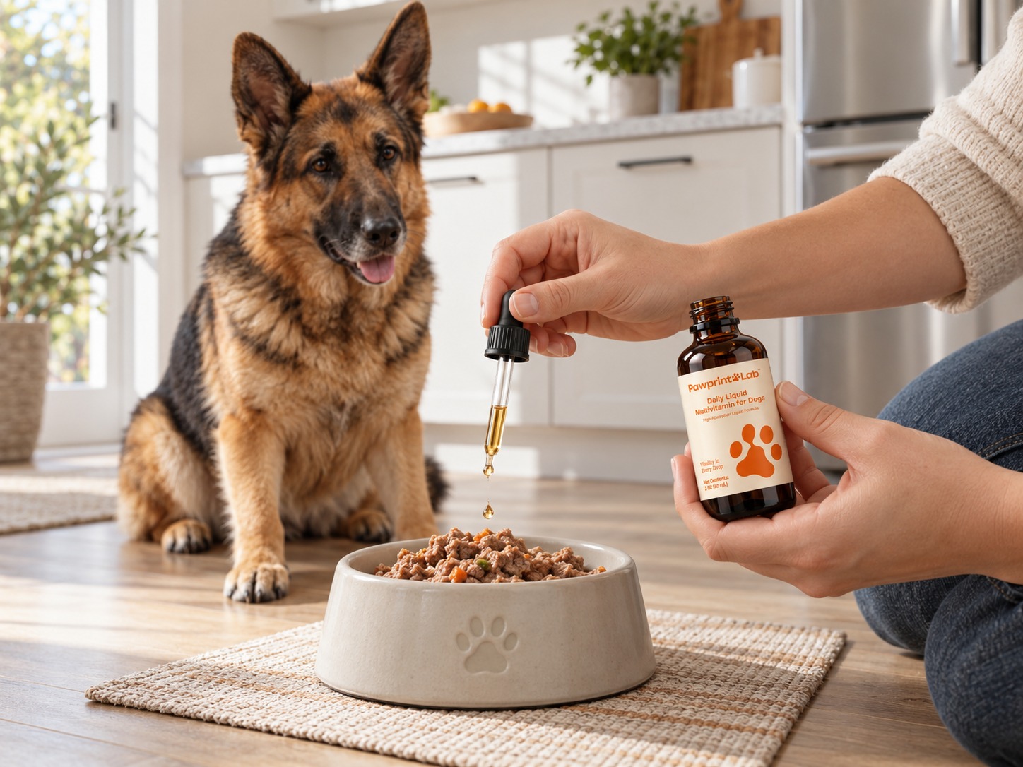 Dog receiving joint supplement drops in food