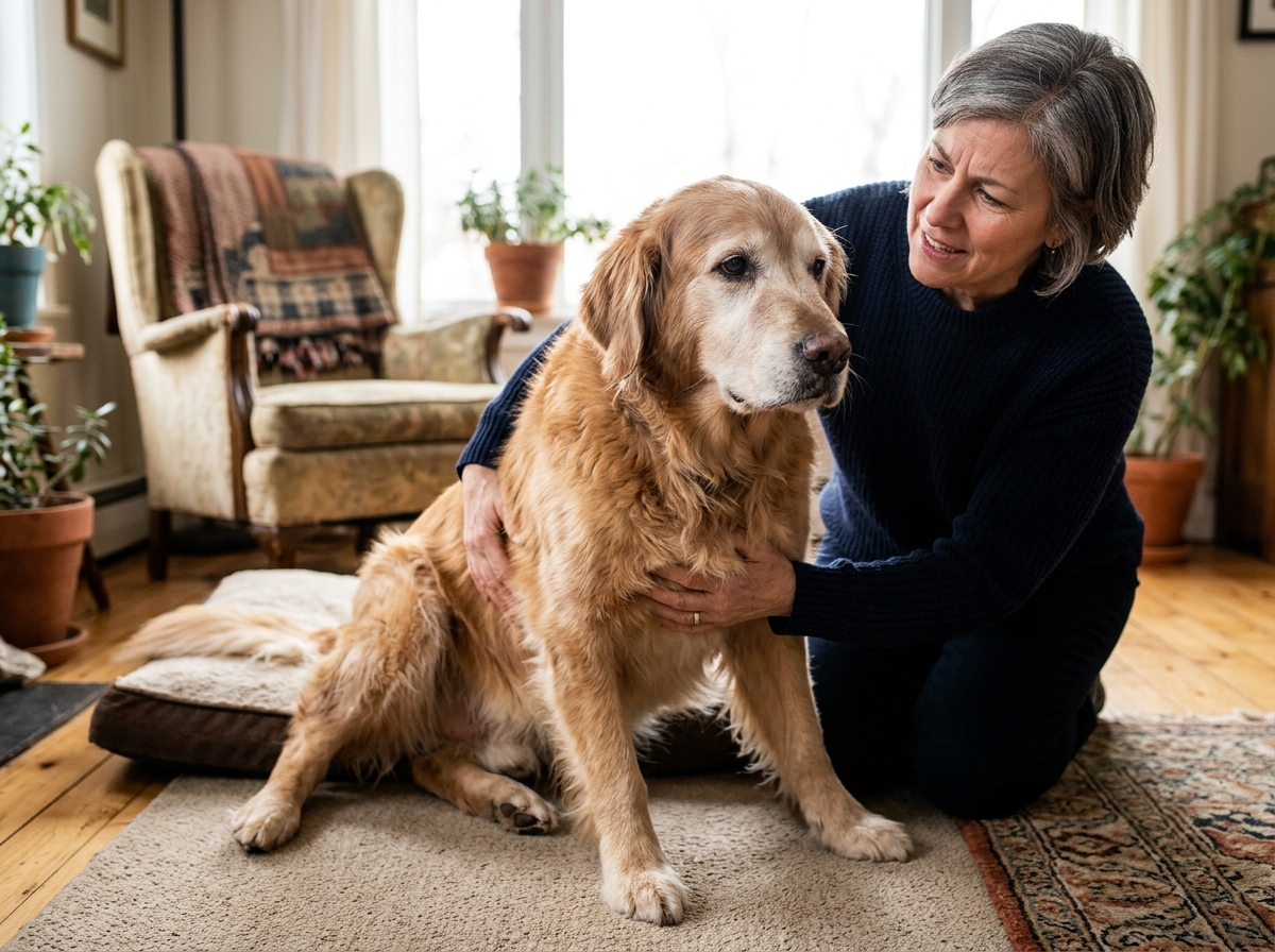 Senior dog resting on a bed