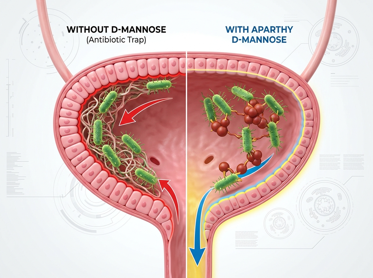 Scientific illustration of D-Mannose binding to E. coli in the bladder
