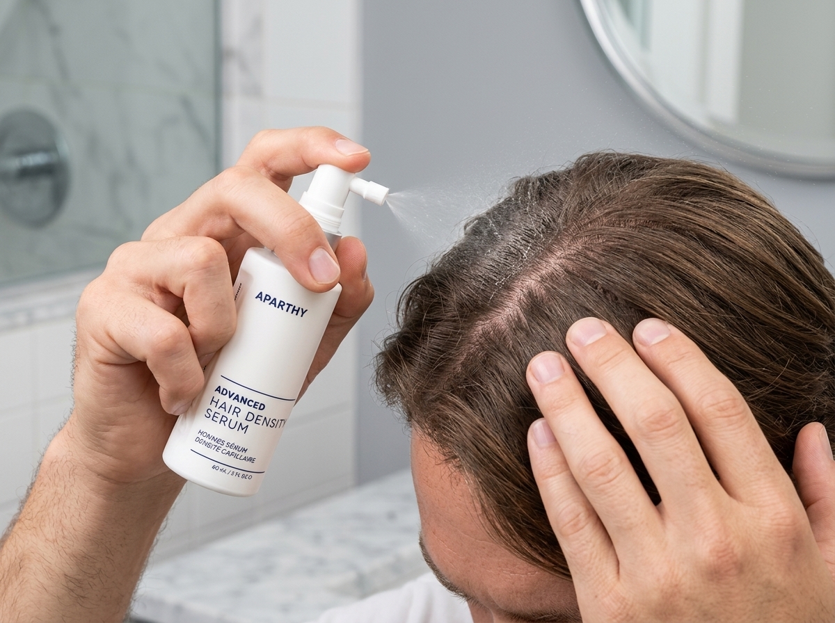 Applying the lightweight serum spray directly to the scalp