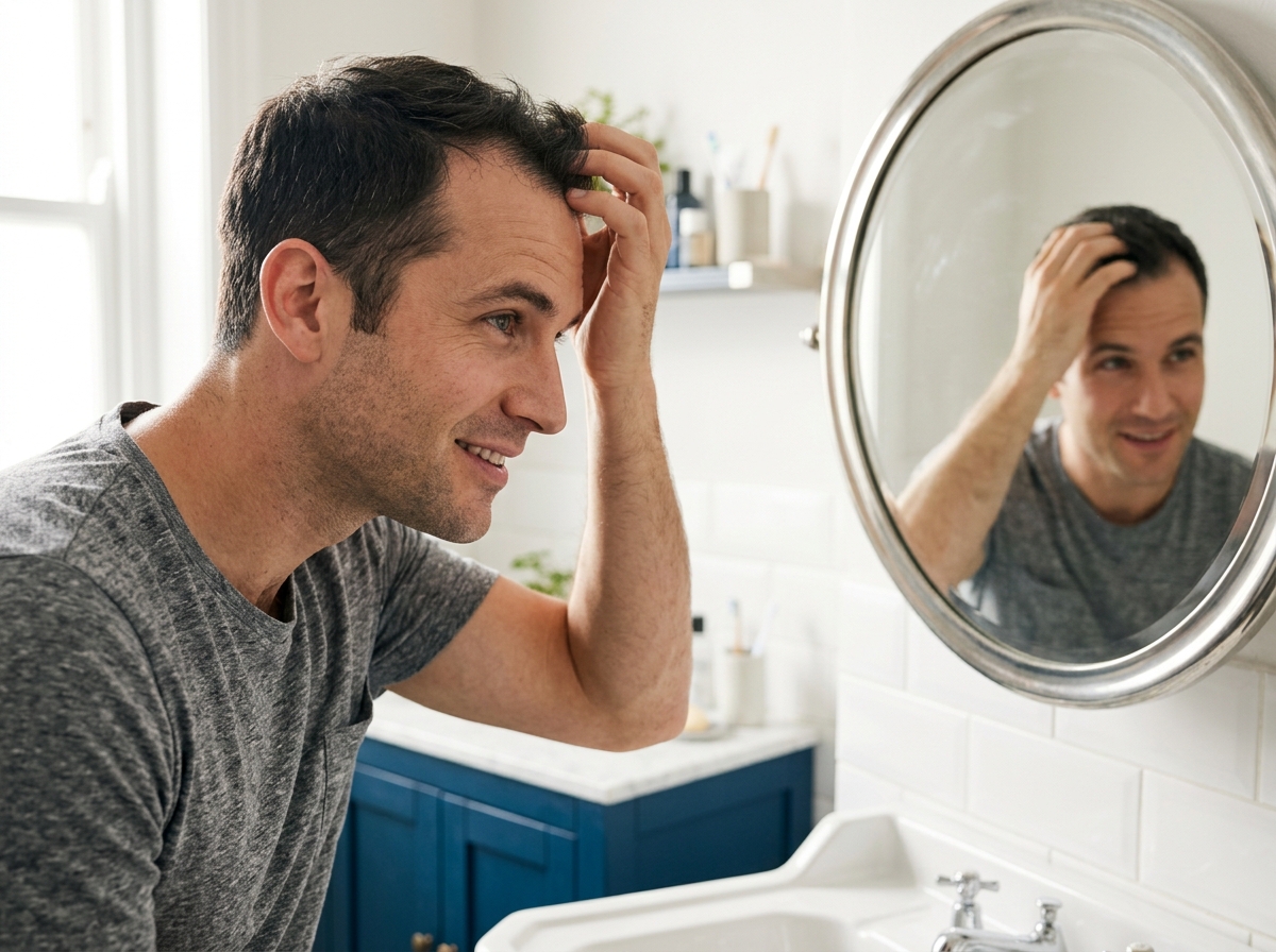 Person looking in the mirror examining hair density
