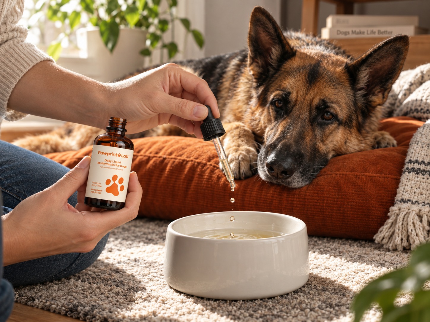 Pawprint Wellness Protocol bottle next to a healthy dog