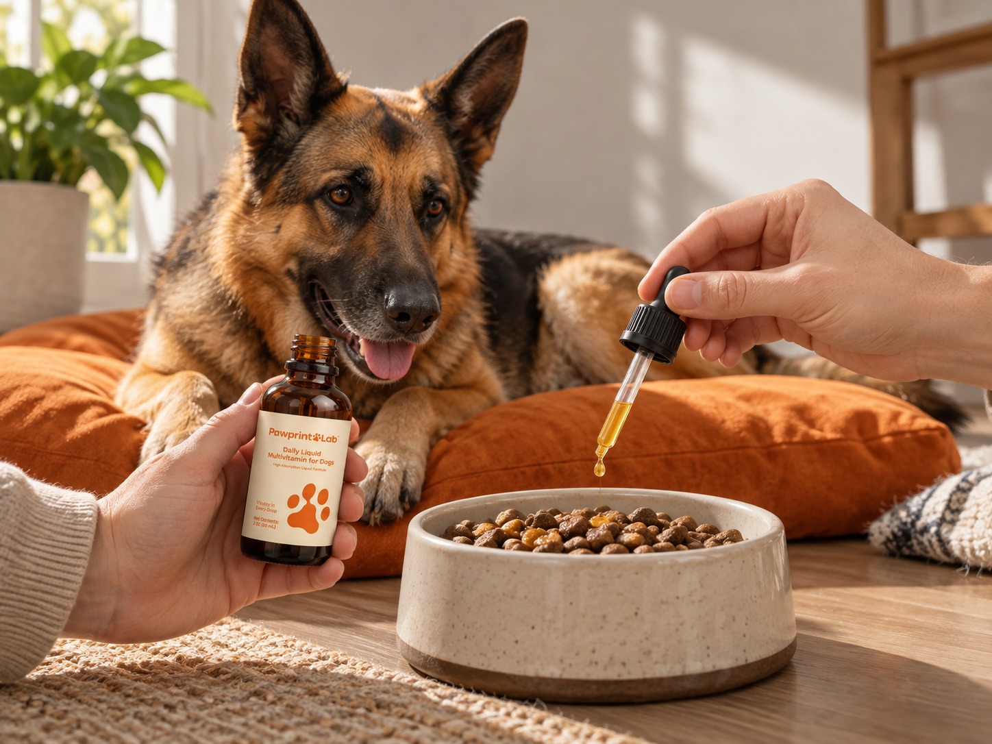 Dropper bottle of Pawprint Wellness Protocol being added to dog food