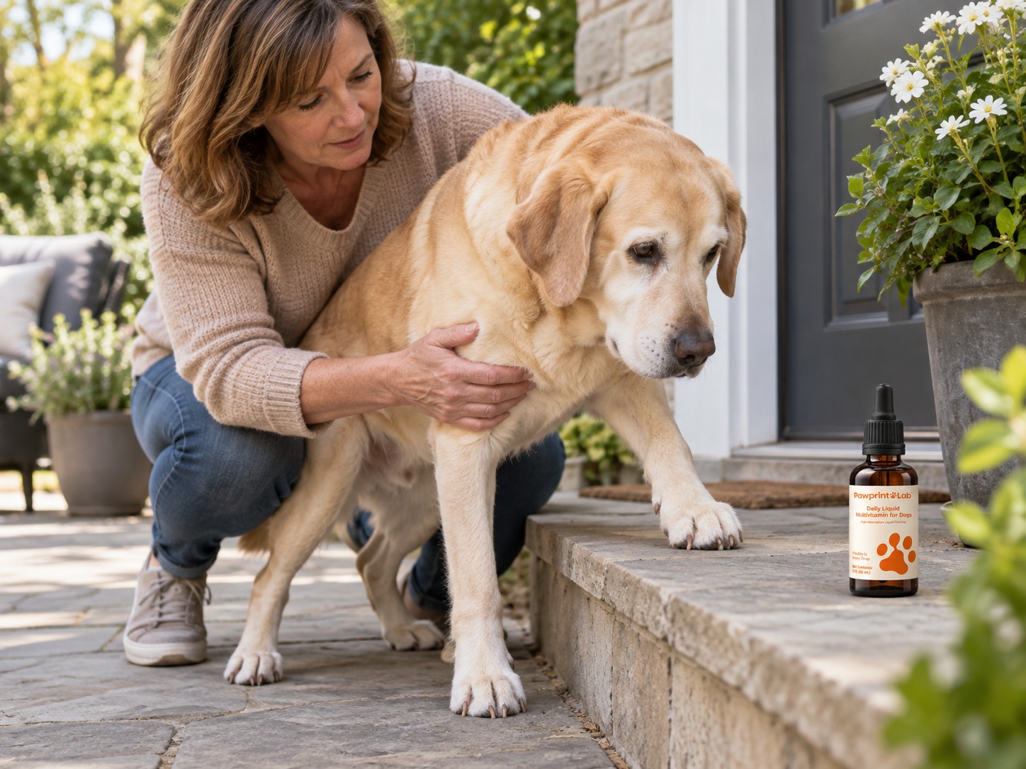 Senior dog looking at owner