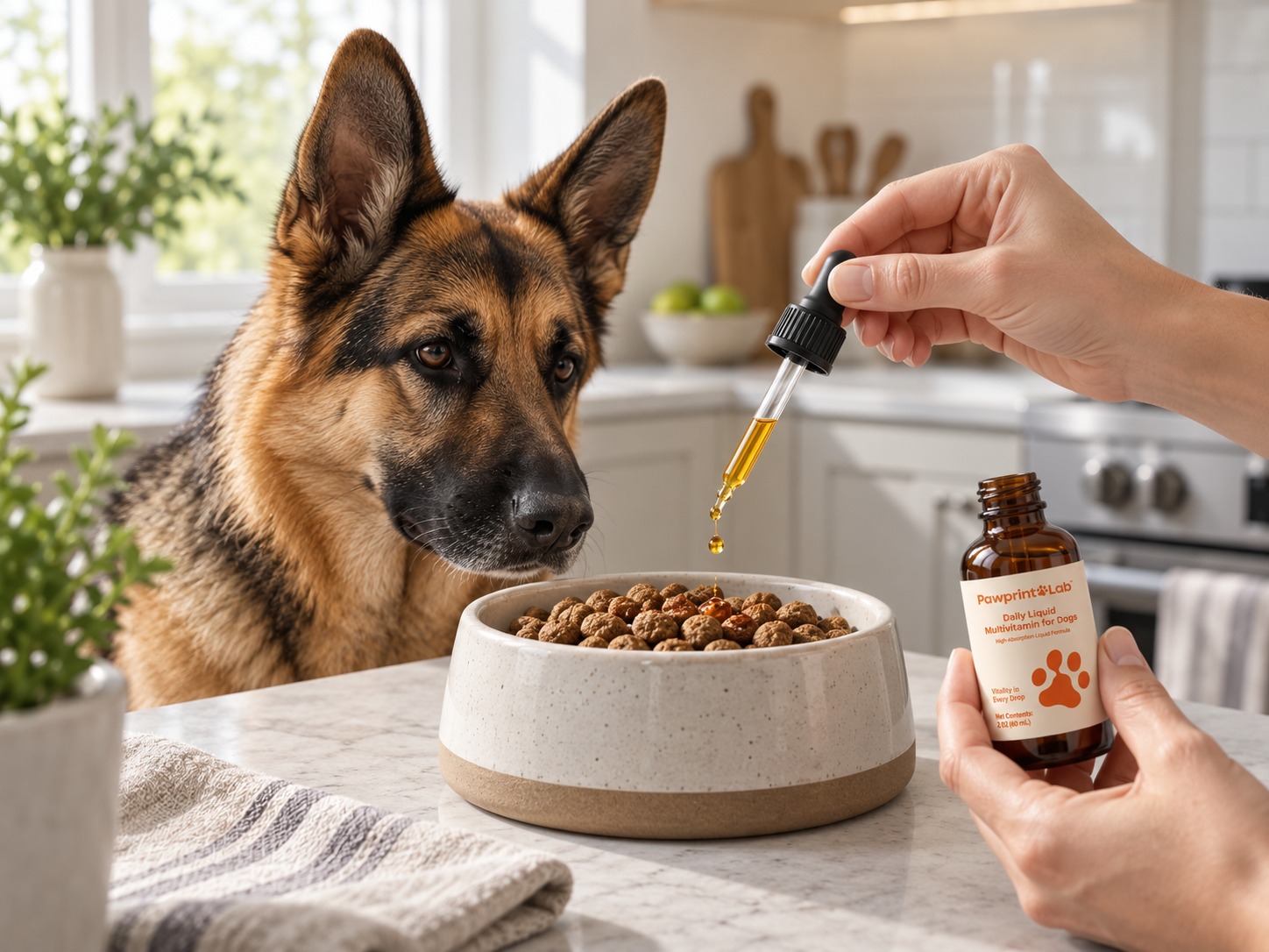 Owner adding drops of Pawprint Wellness Protocol to dog food