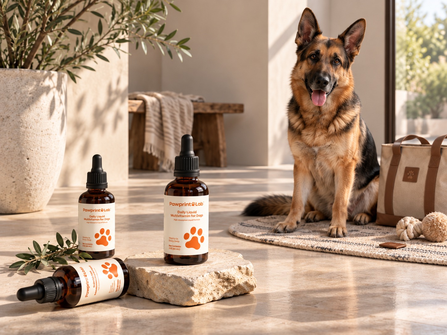 Pawprint Wellness Protocol bottle next to a dog