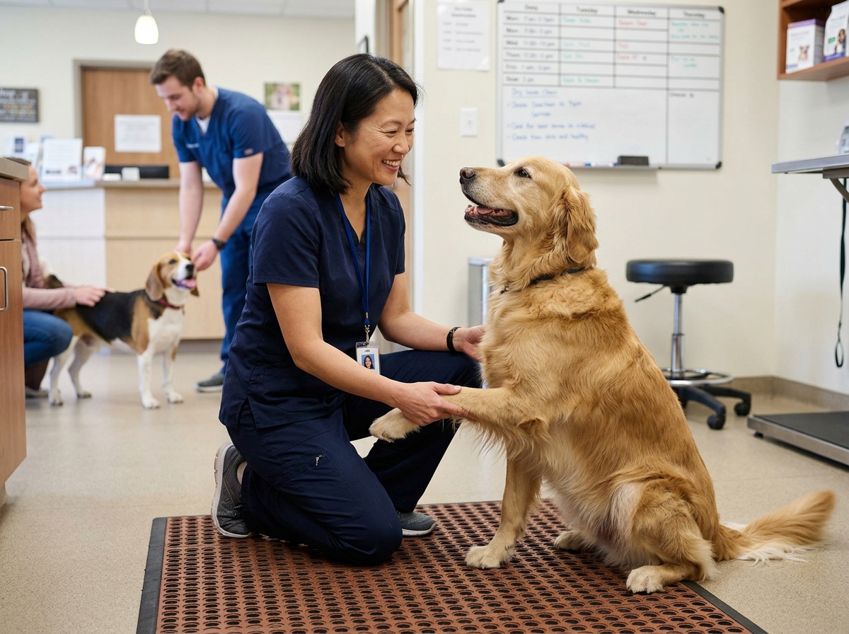 Veterinarian consulting with a dog owner