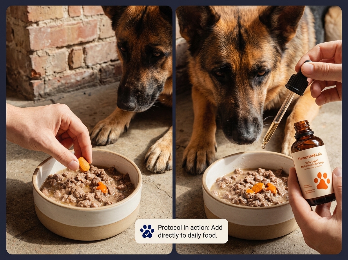 Pouring liquid joint supplement over dog food