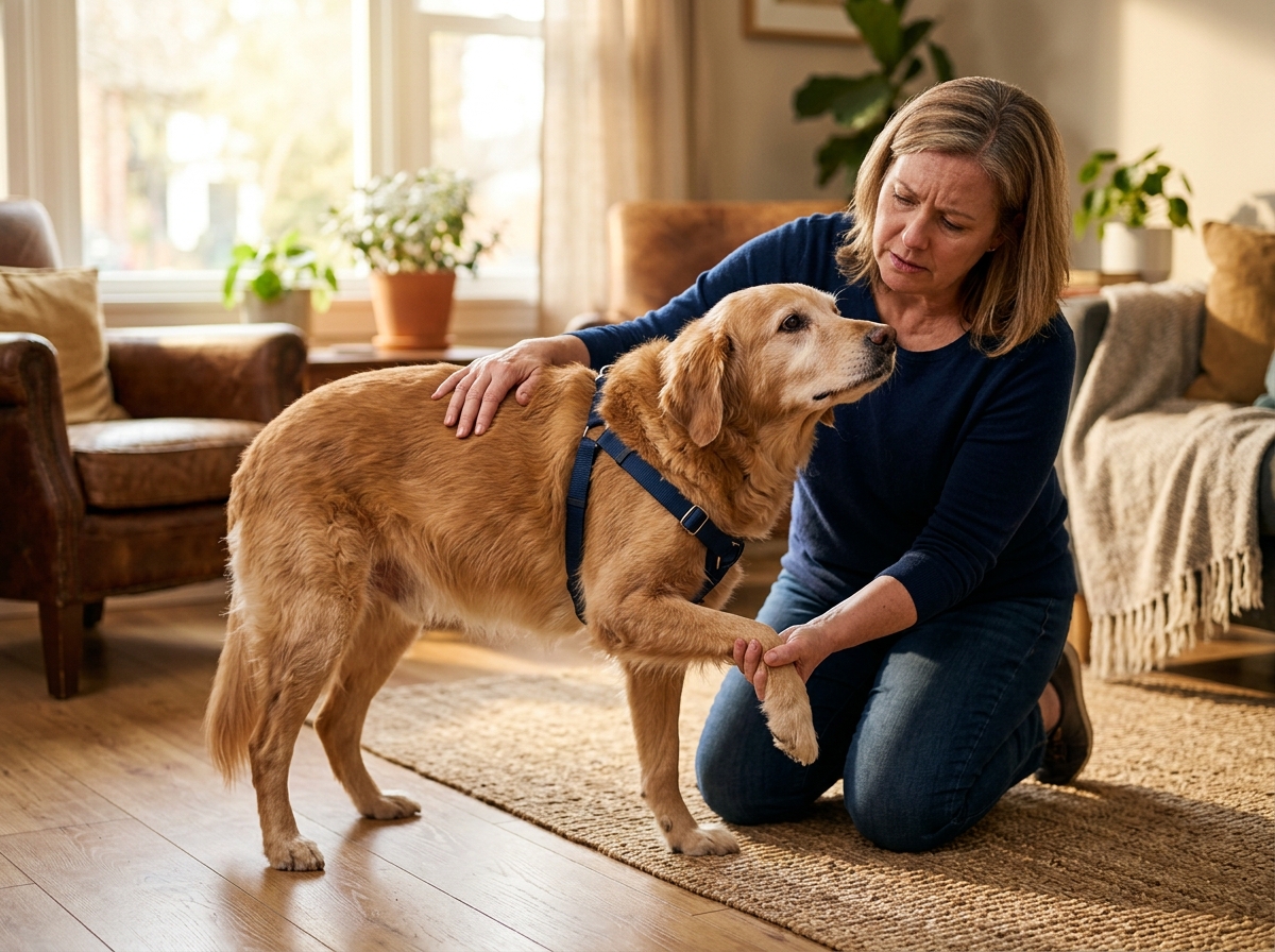 Dog resting on the floor looking at owner