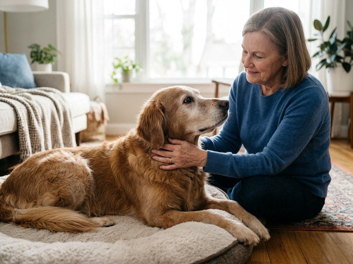 Senior dog looking up at owner