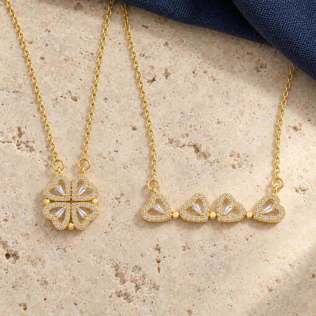 The four magnetic hearts floating apart and snapped together into a four-leaf clover
