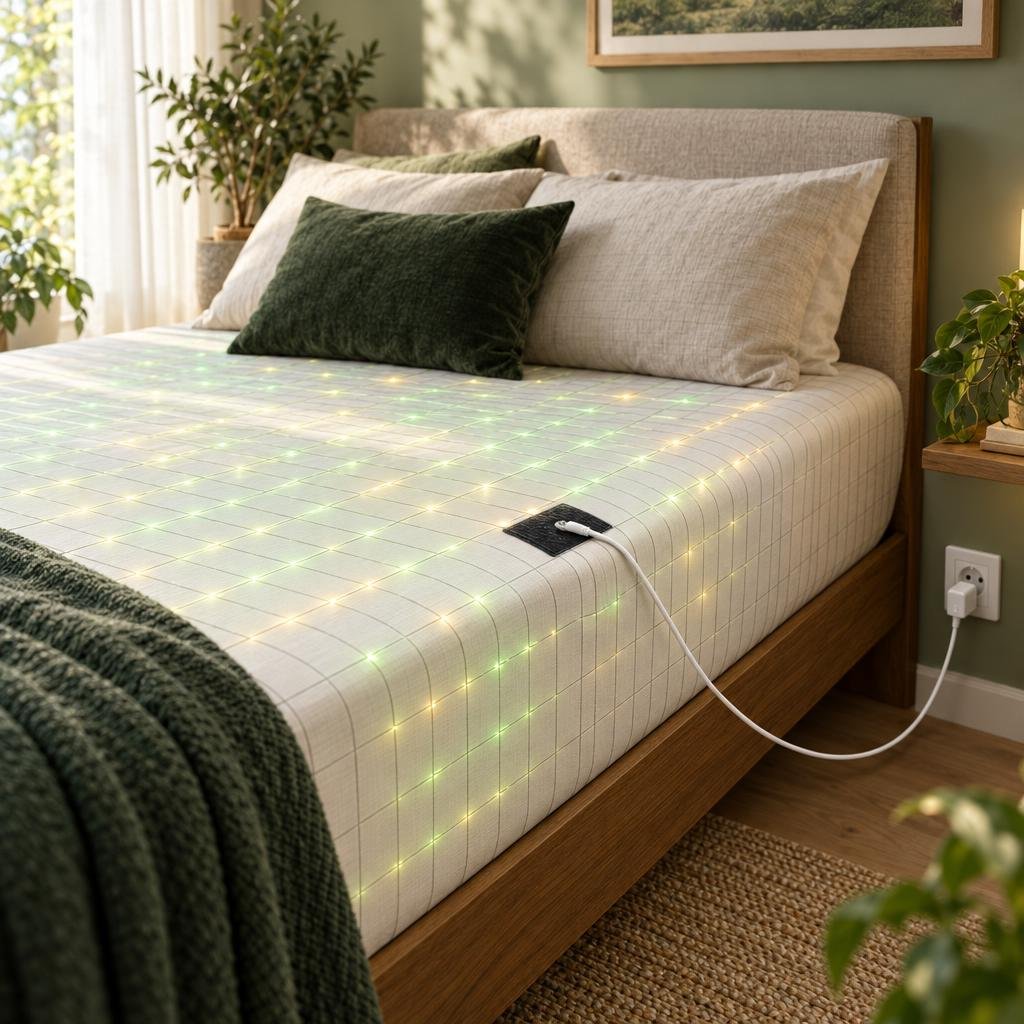 A grounding bedsheet on a bed with its cord running to a wall outlet