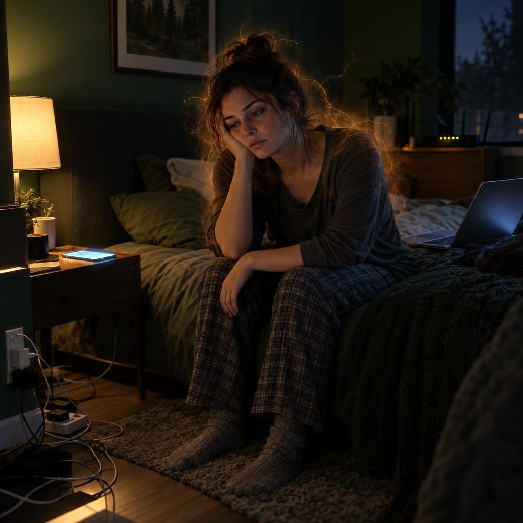 A person's body surrounded by glowing electrical charge from household devices