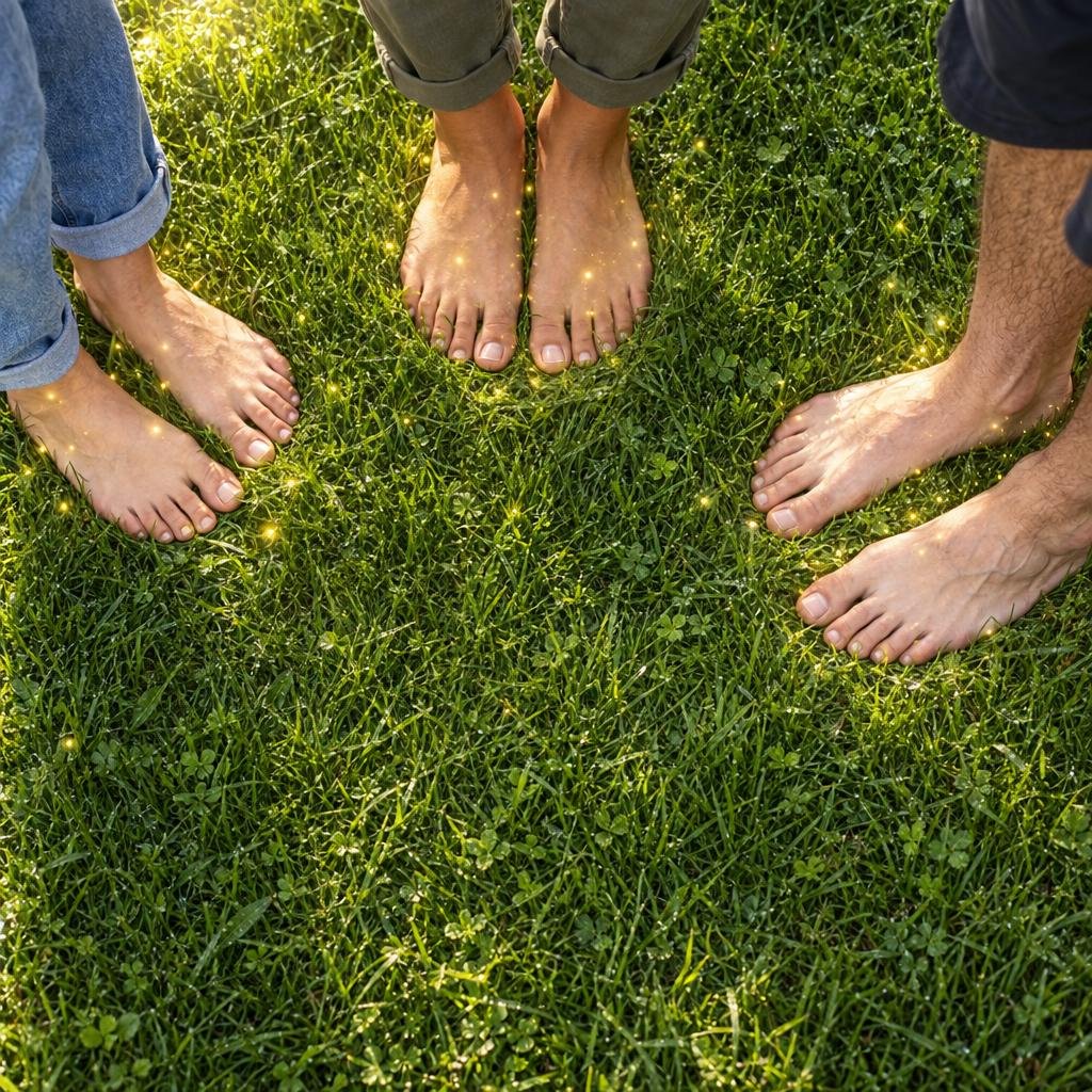 Barefoot people on grass with electrons flowing from the Earth into their feet