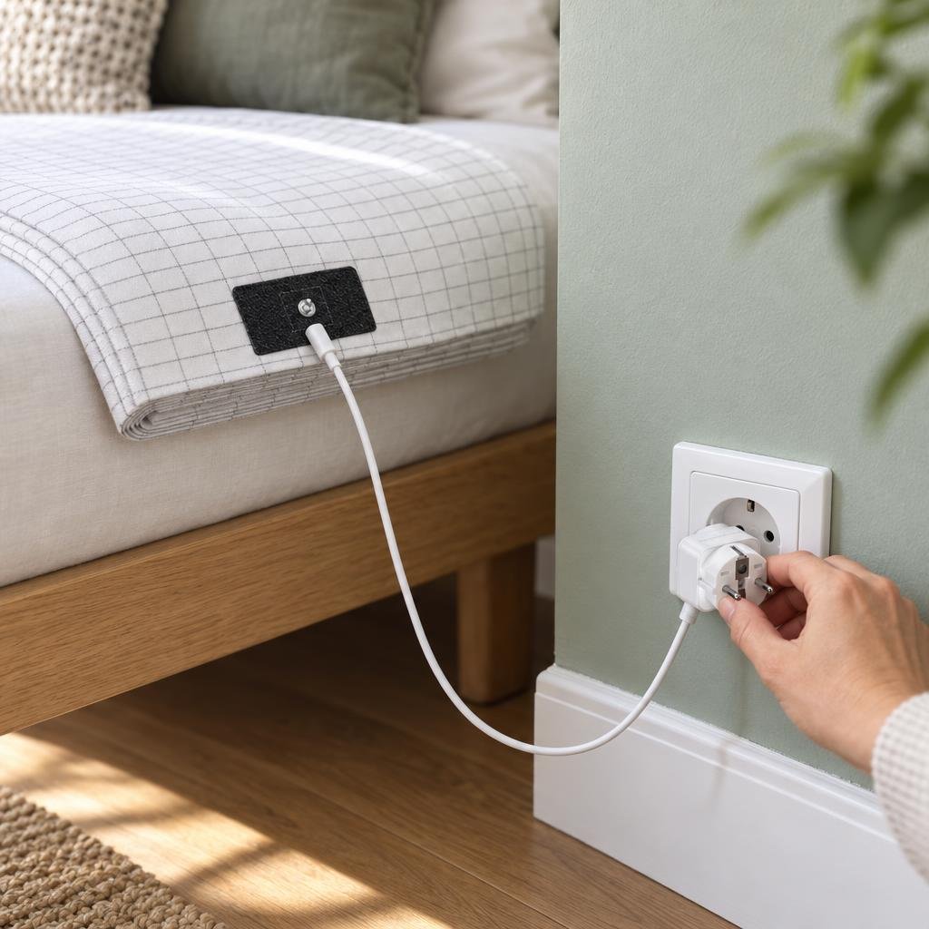 The sheet's cord plugged into a wall outlet beside a bed