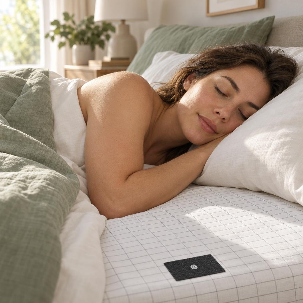 A person sleeping peacefully on the grounding bedsheet