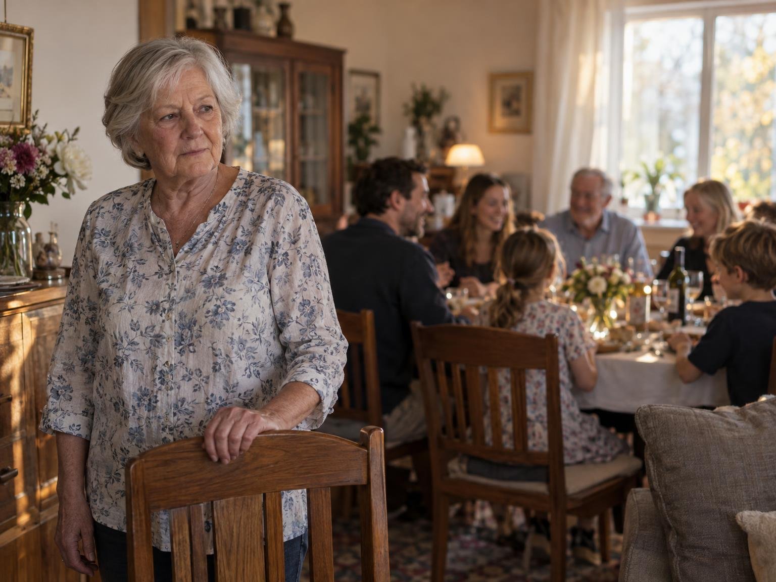 Brigittes Hand an einer Stuhllehne, am Rand einer Familienfeier