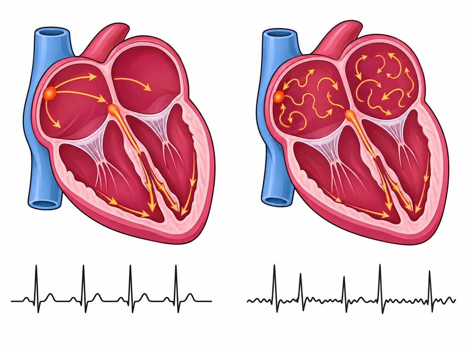 Zwei Herzen im Vergleich: ein regelmäßiger Herzschlag und ein unregelmäßiger, mit EKG-Linien