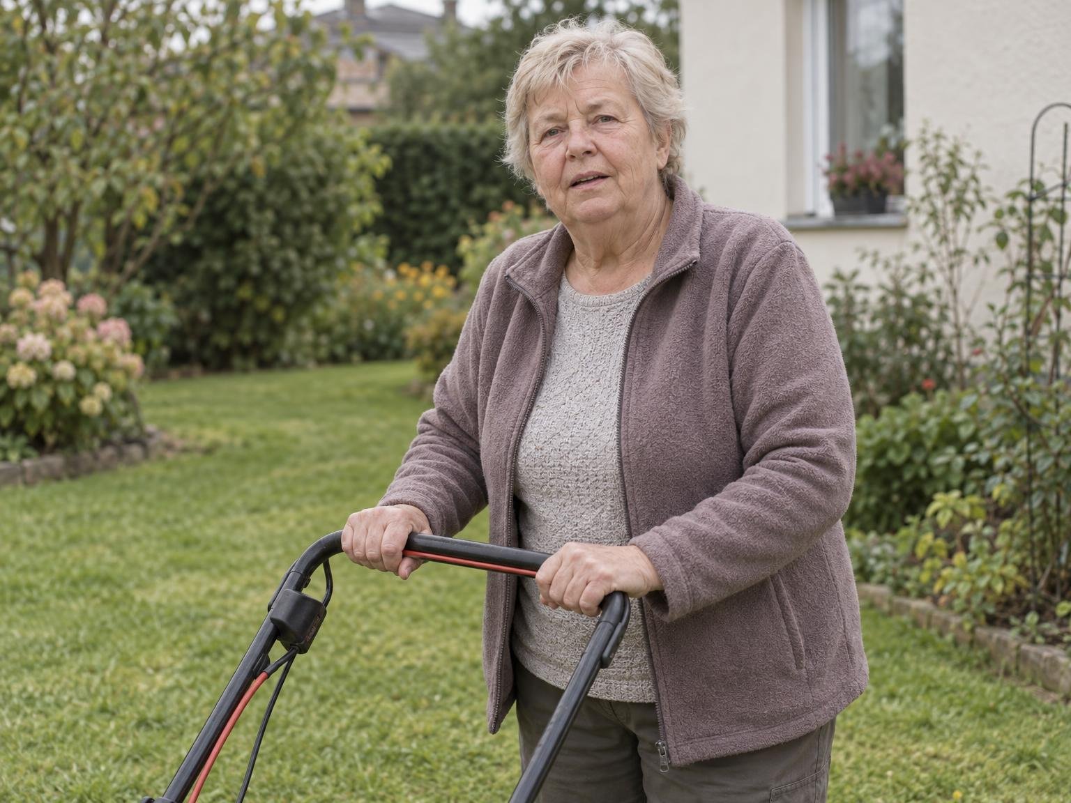 Gisela mit den Händen am Griff ihres Rasenmähers im Garten