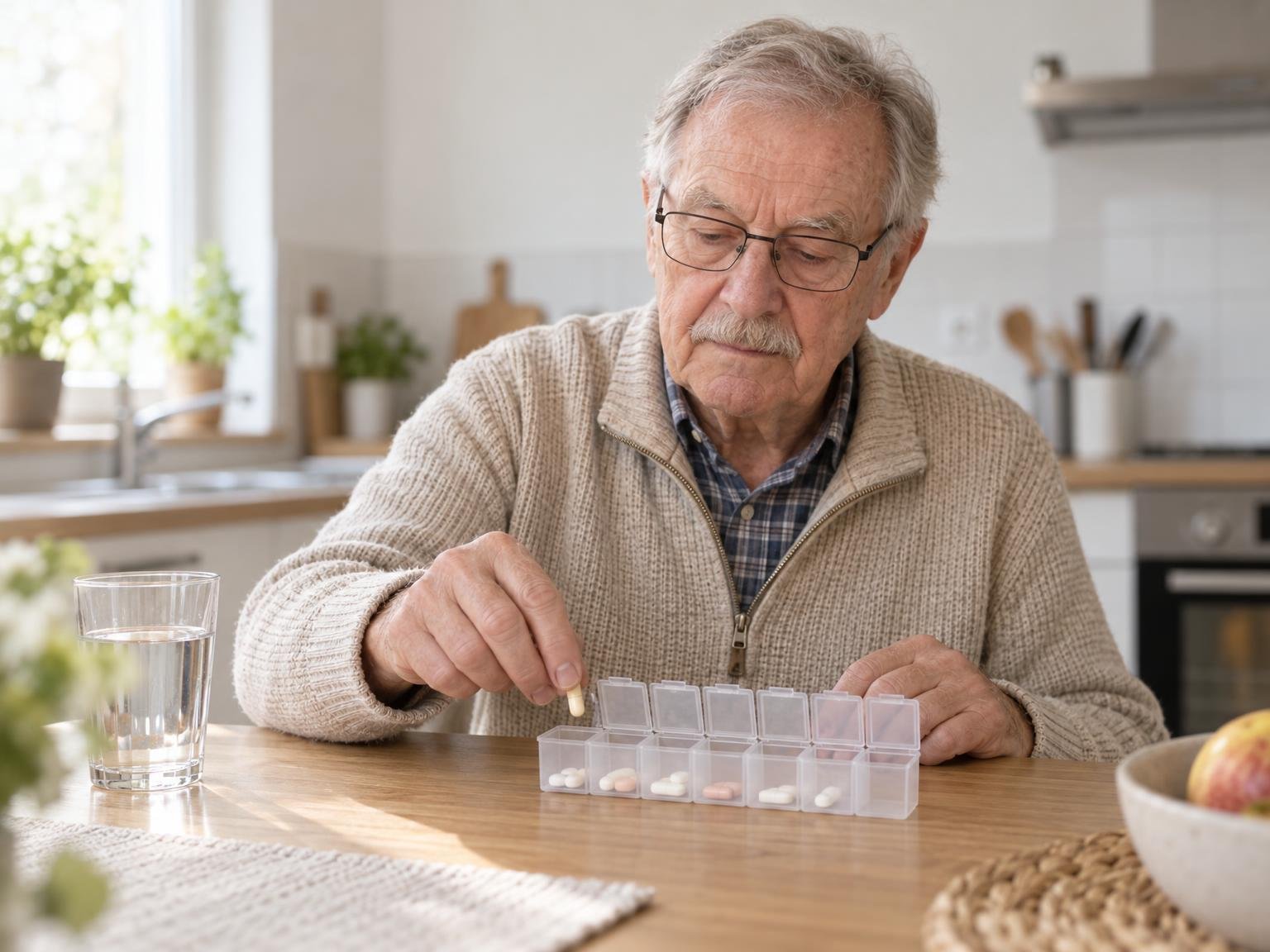 Ein Wochendosierer mit Tabletten, zu denen eine helle Kapsel gelegt wird, die Hand einer älteren Person im Morgenlicht