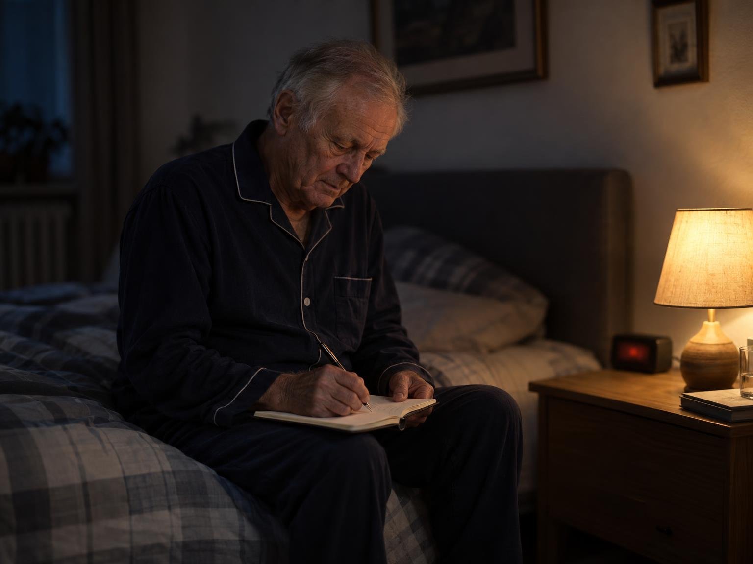Manfred im dunklen Schlafzimmer, die Finger am Handgelenk, daneben leuchtet ein Wecker